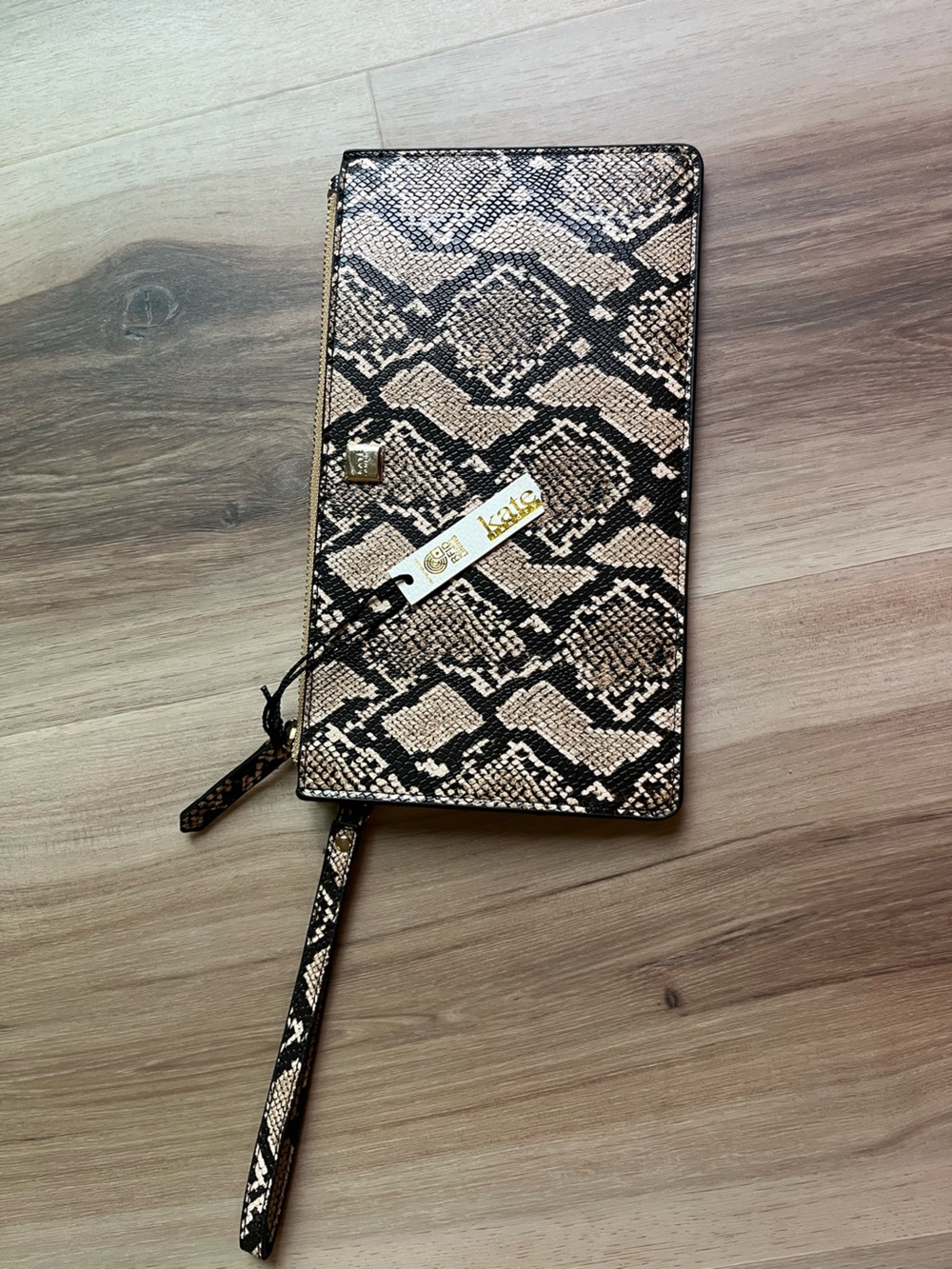 kate landry Tan and Black Snake-Print Wristlet with Gold Logo